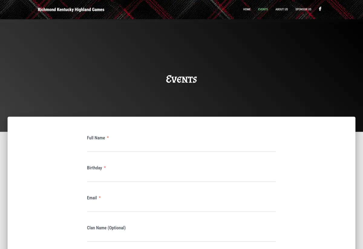 Events page with simple registration form fields