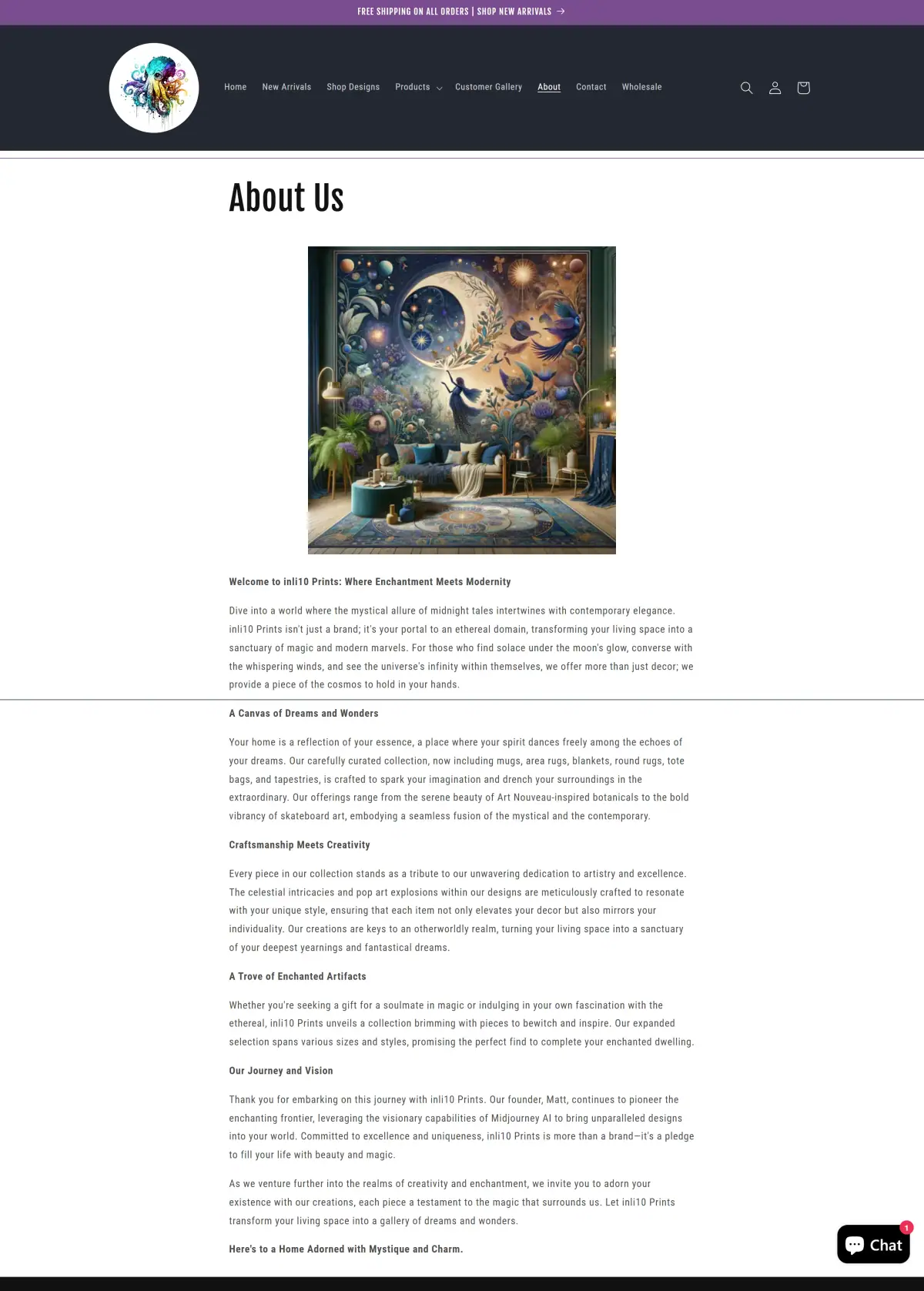 About page featuring brand story and artistic mural imagery