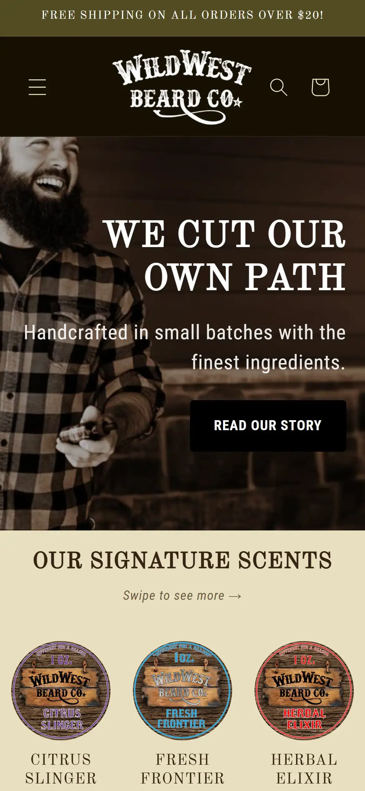 Mobile homepage showing signature scent section and responsive layout
