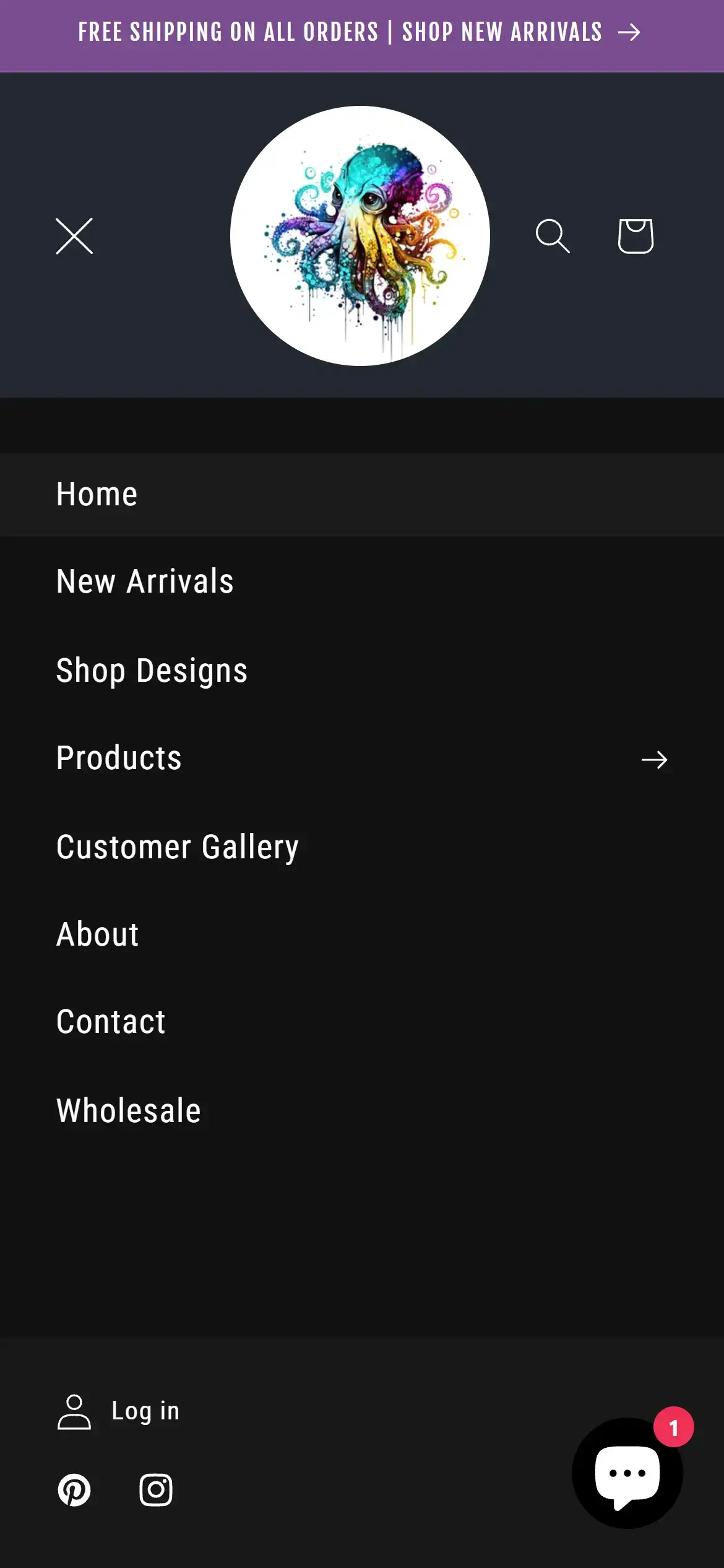 Mobile navigation menu displaying product categories and social icons
