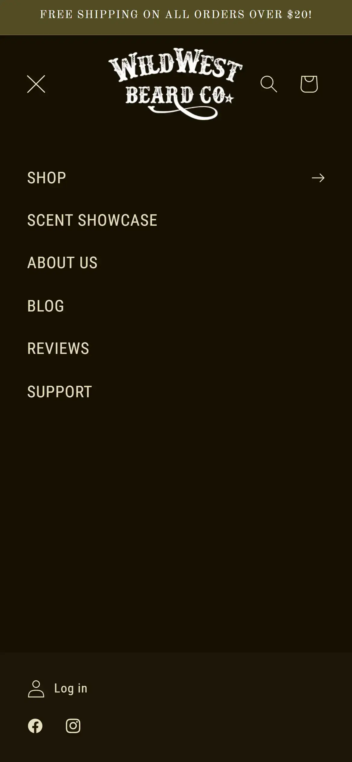 Mobile menu open view displaying navigation items and social icons