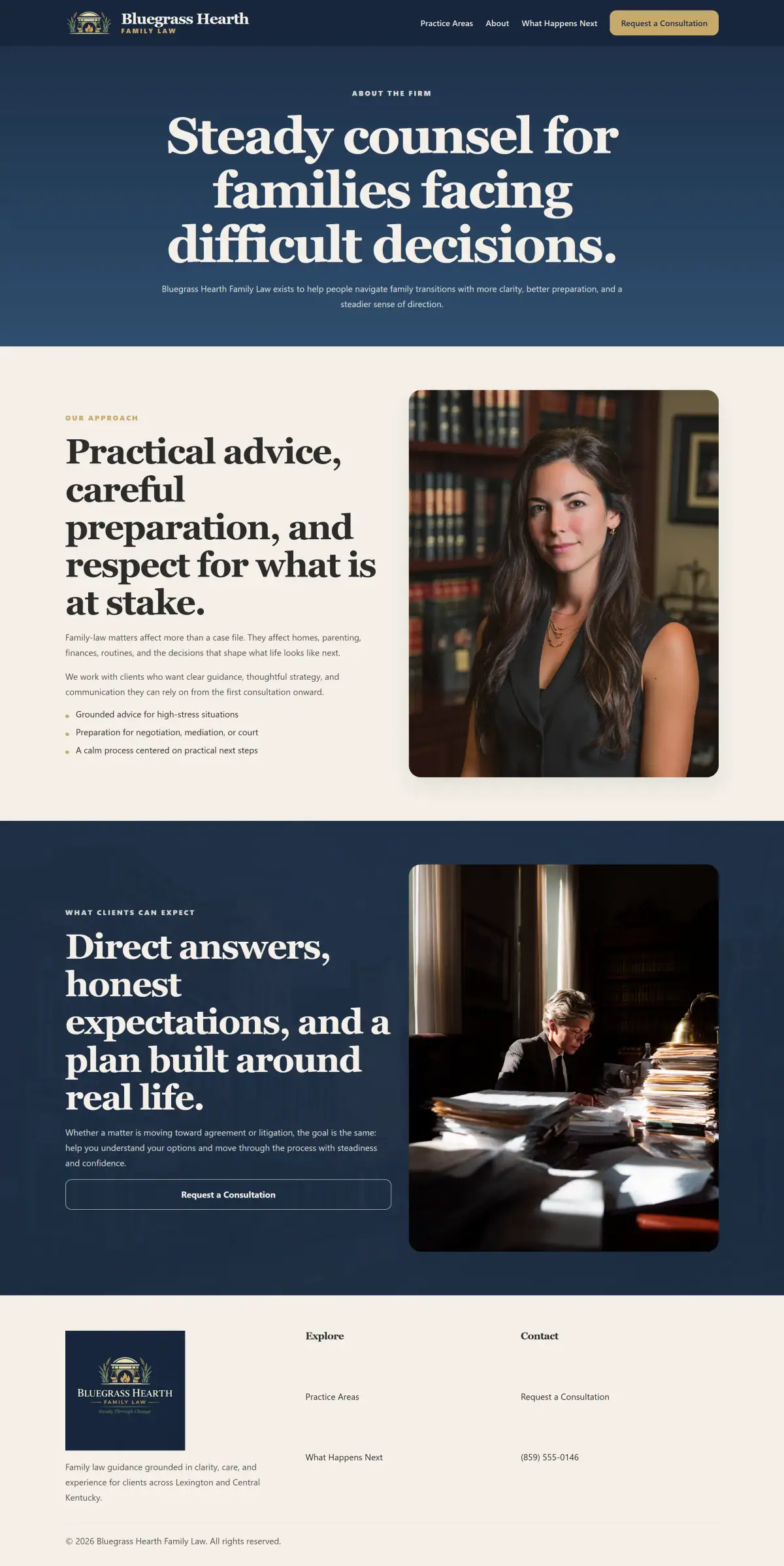 About page with attorney imagery, firm approach, and trust-building copy