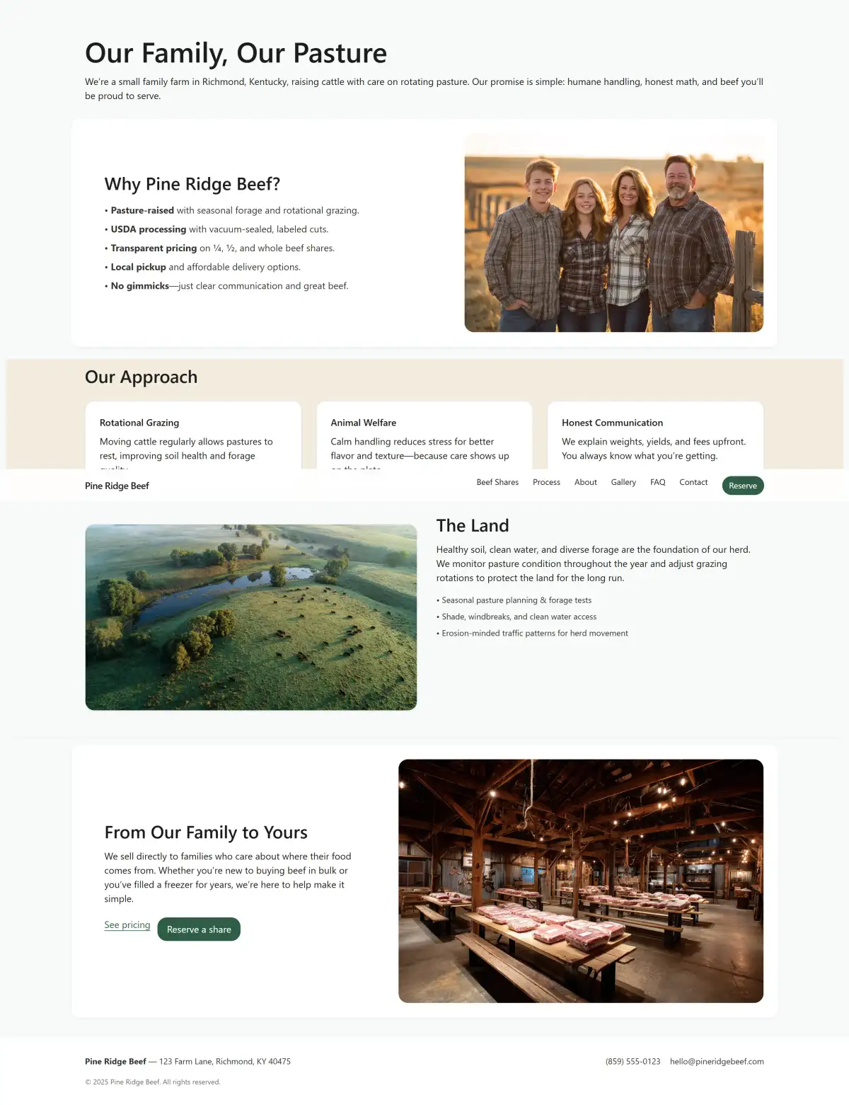 About page with family photo and approach cards