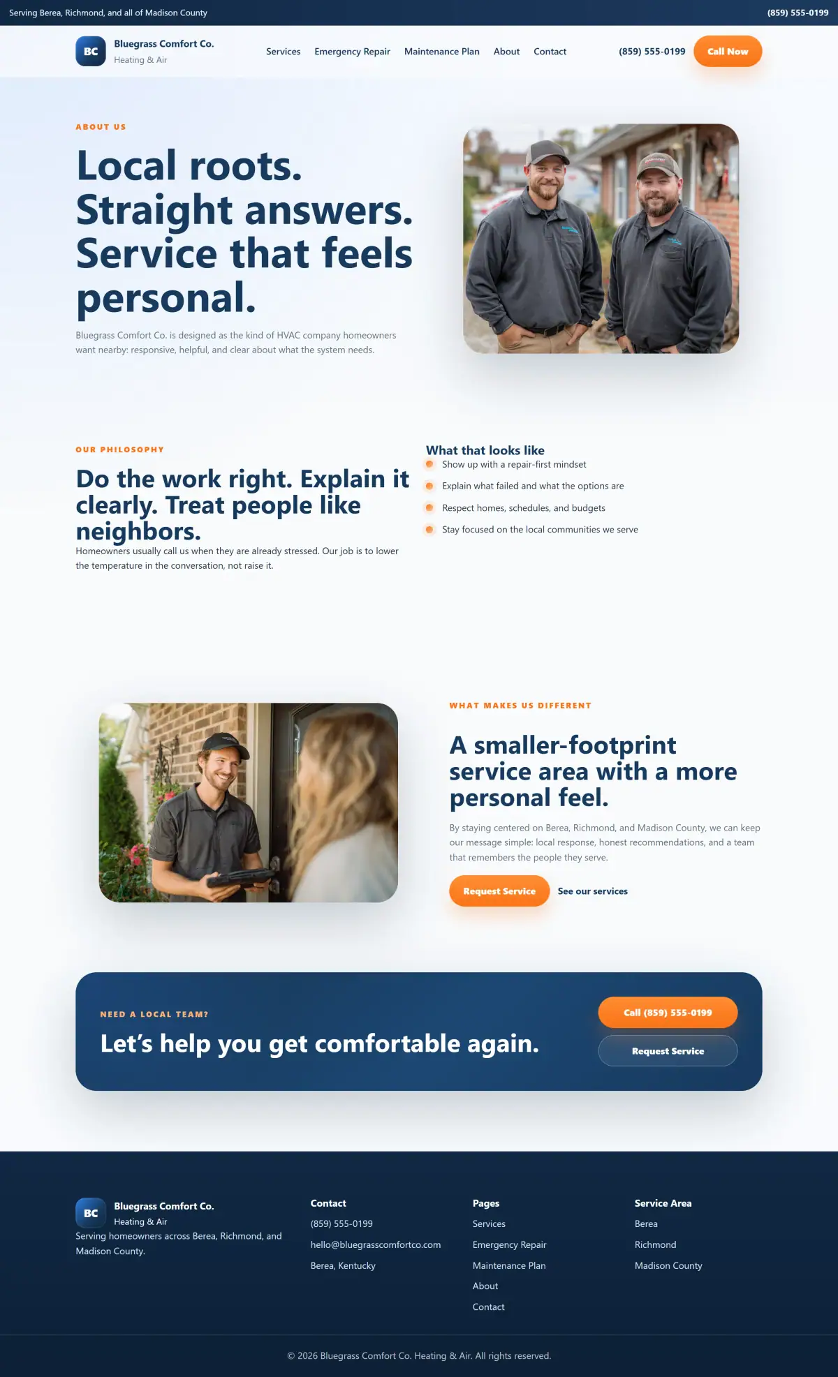 About page showing the local team and brand personality for the HVAC company