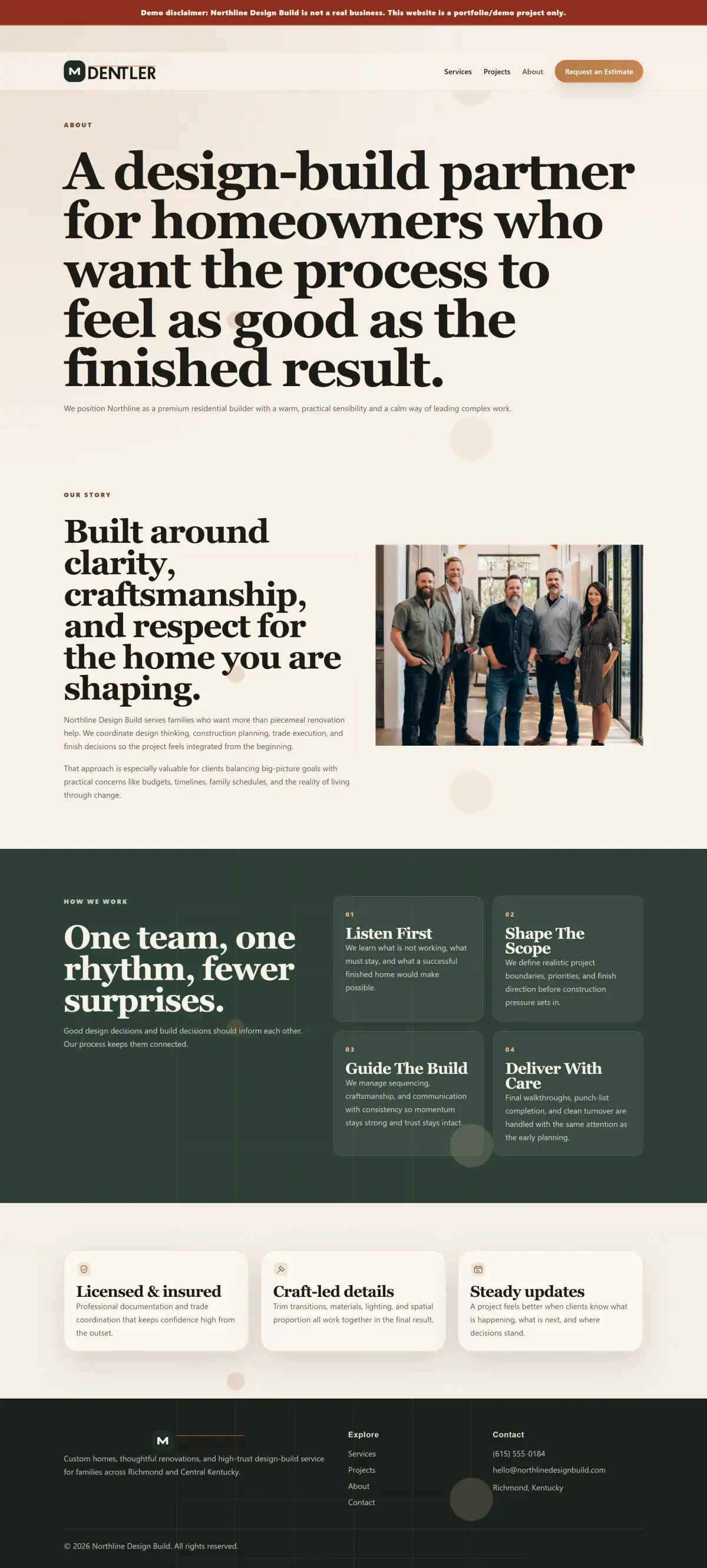 About page focused on process, team trust, and design-build credibility