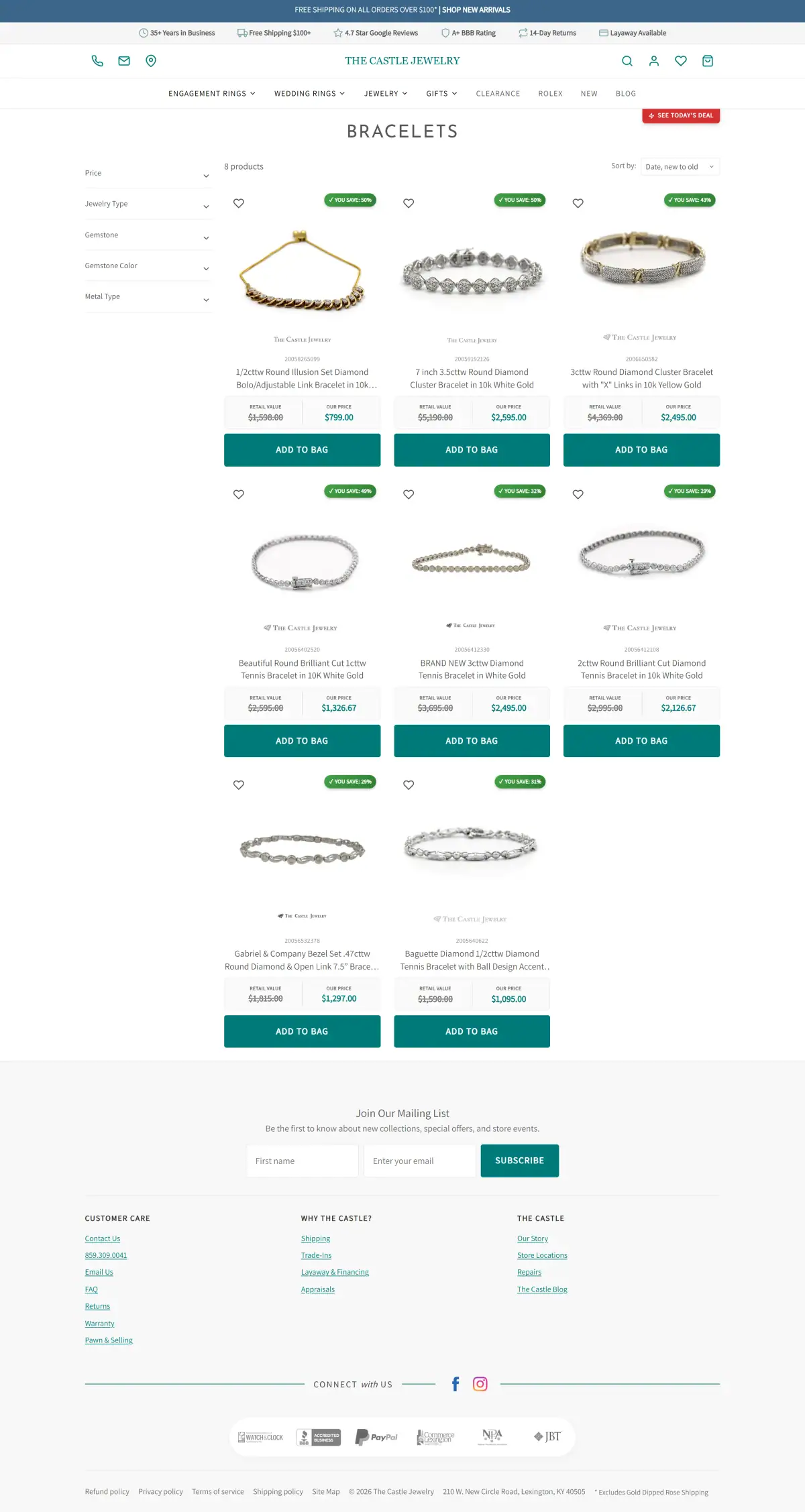 Bracelets collection with product cards, pricing, and merchandising controls