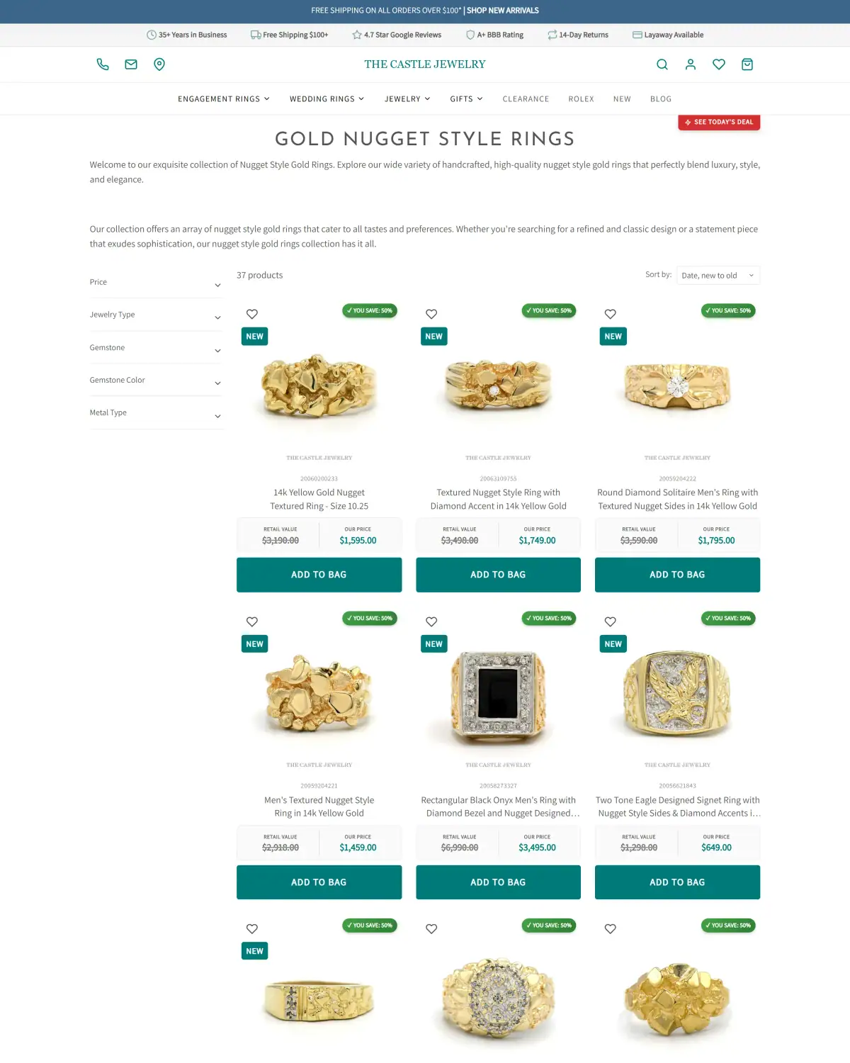 Gold Nugget Style Rings collection with filters and a cleaner product grid