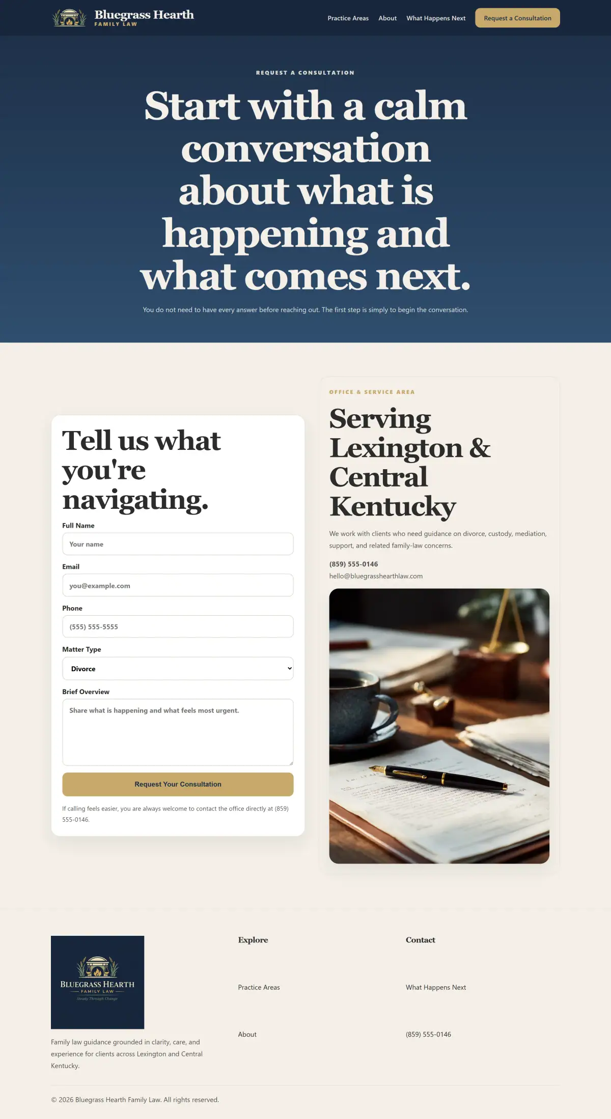 Contact page with family law consultation form and supportive copy