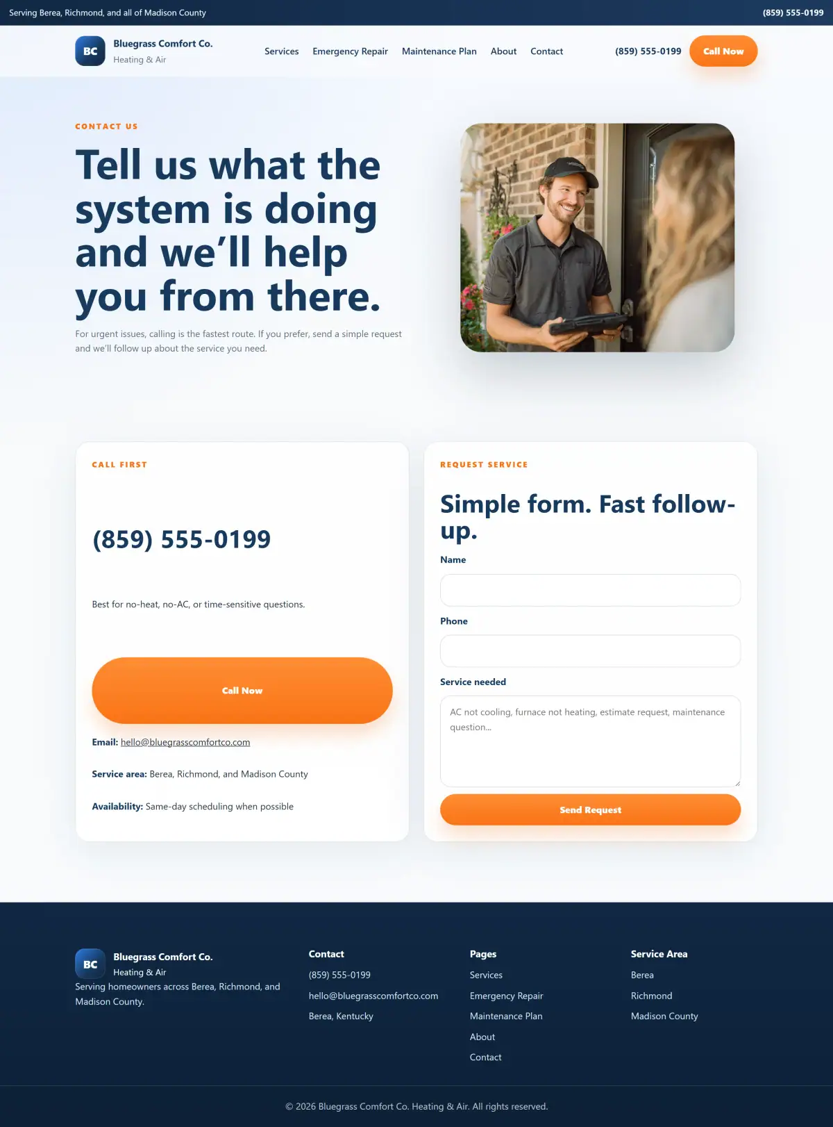 Contact page for HVAC request service form and phone-first contact options