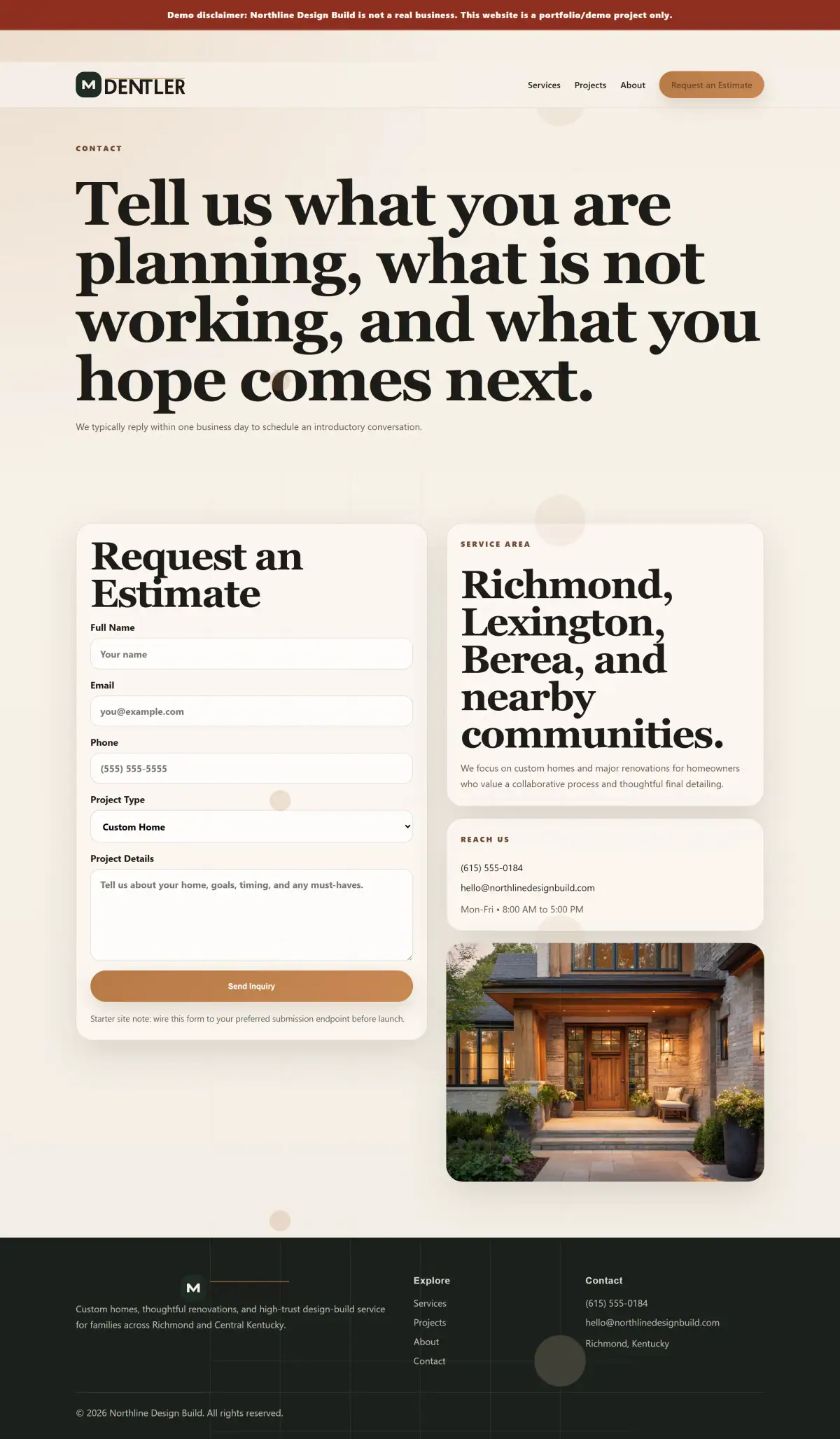 Contact page with estimate request form and local service area positioning