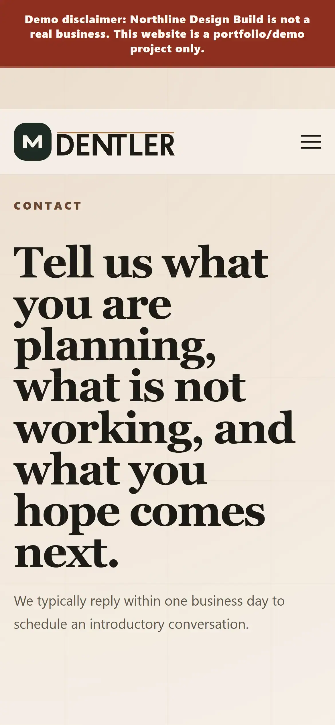 Contact page on mobile with estimate CTA and local service-area copy