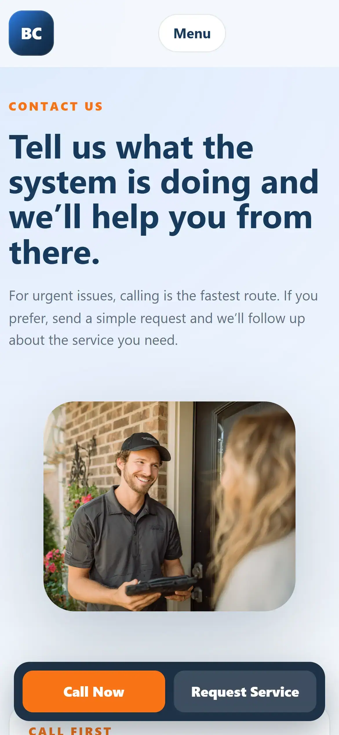 Contact page on mobile for fast HVAC request-service starts