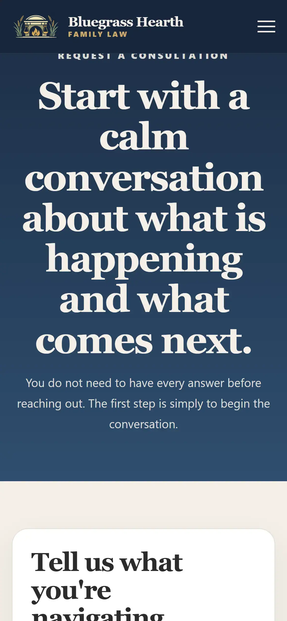 Contact page on mobile with family law consultation form and supportive messaging