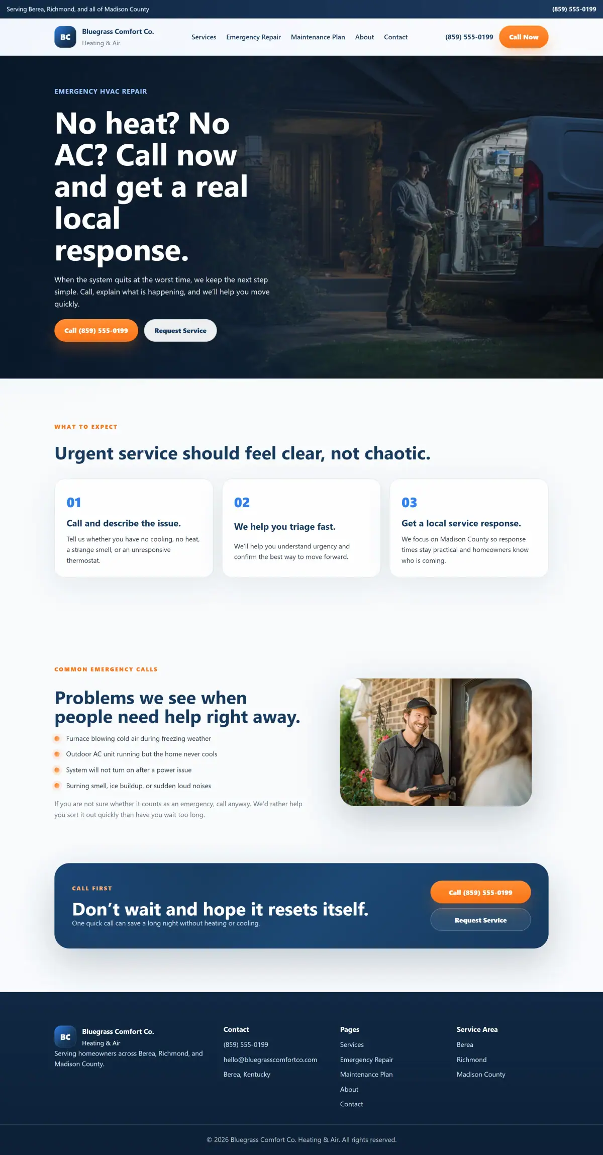 Emergency repair page with urgent call-to-action and rapid response positioning