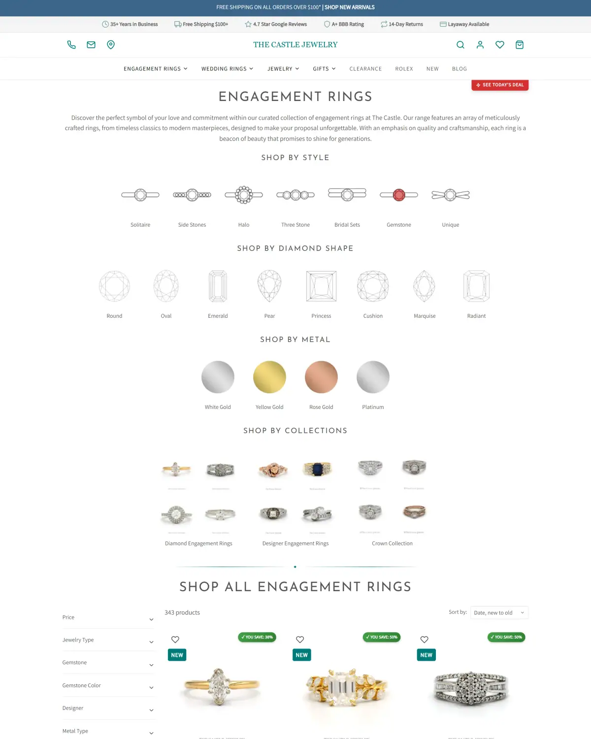 Engagement rings collection with guided shopping categories and curated inventory