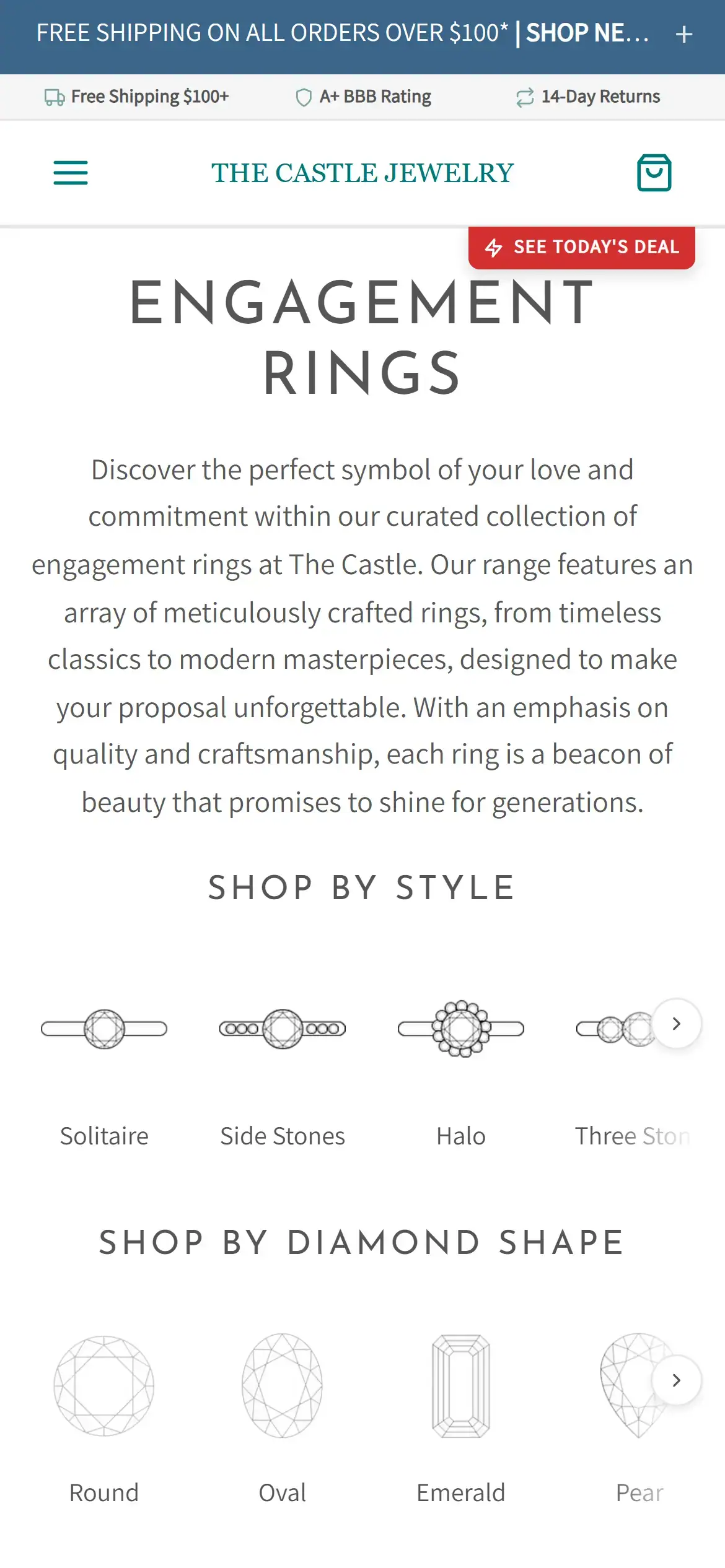 Engagement rings collection on mobile with guided category shortcuts and improved browsing