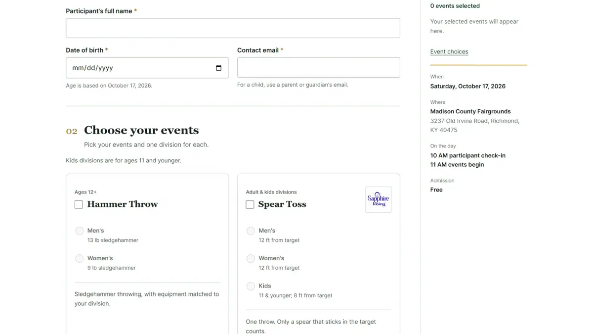 Event registration cards for Hammer Throw and Spear Toss with division choices
