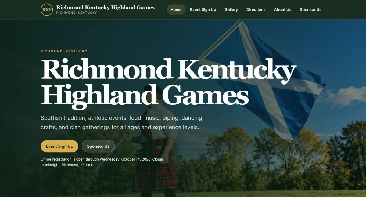 Current Highland Games homepage with Scottish flag photo and event sign-up button