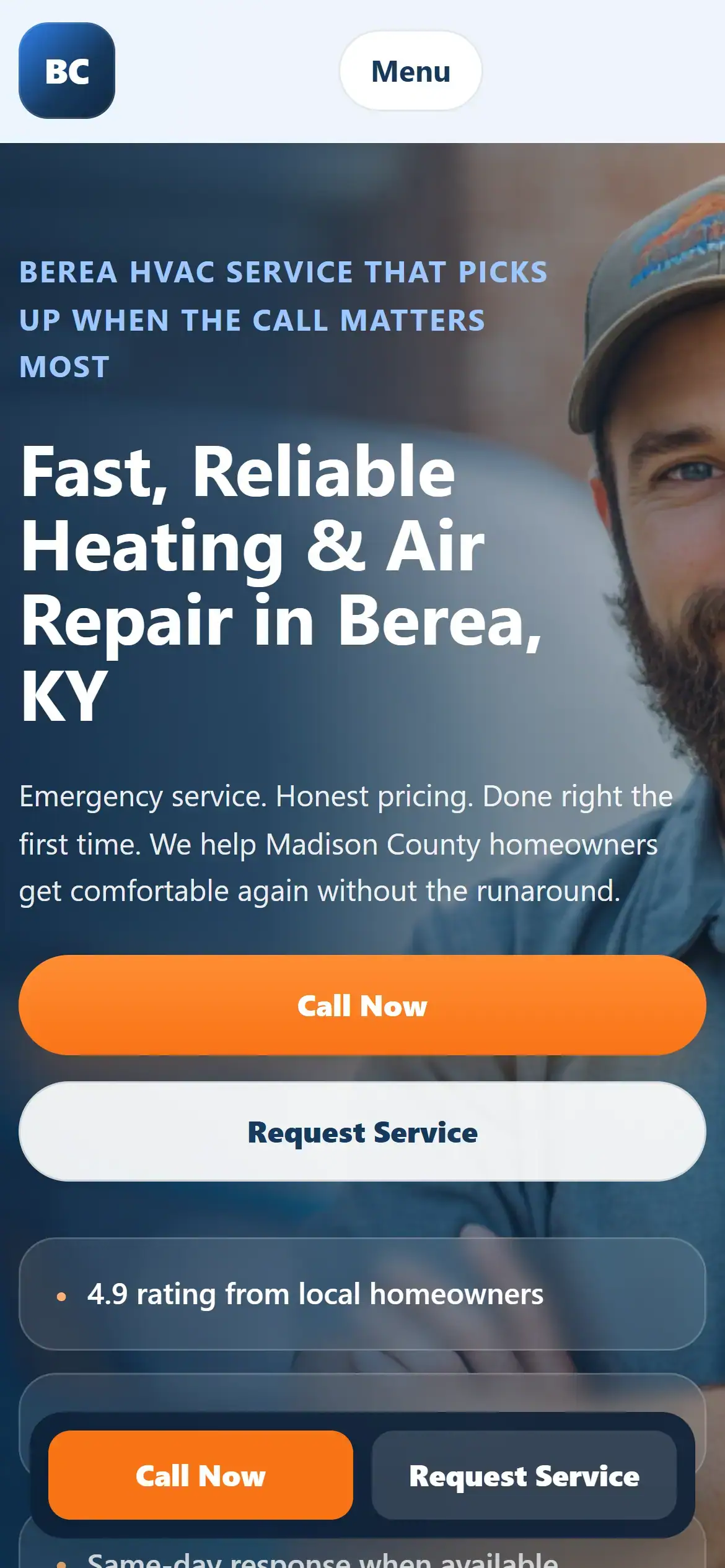 Homepage on mobile with HVAC hero, prominent call buttons, and local service positioning