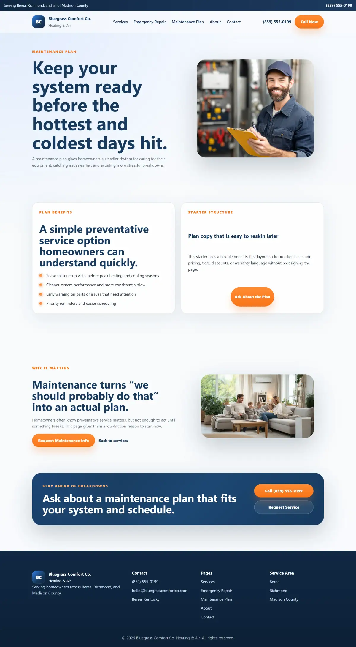Maintenance plan page with HVAC membership benefits and service plan messaging