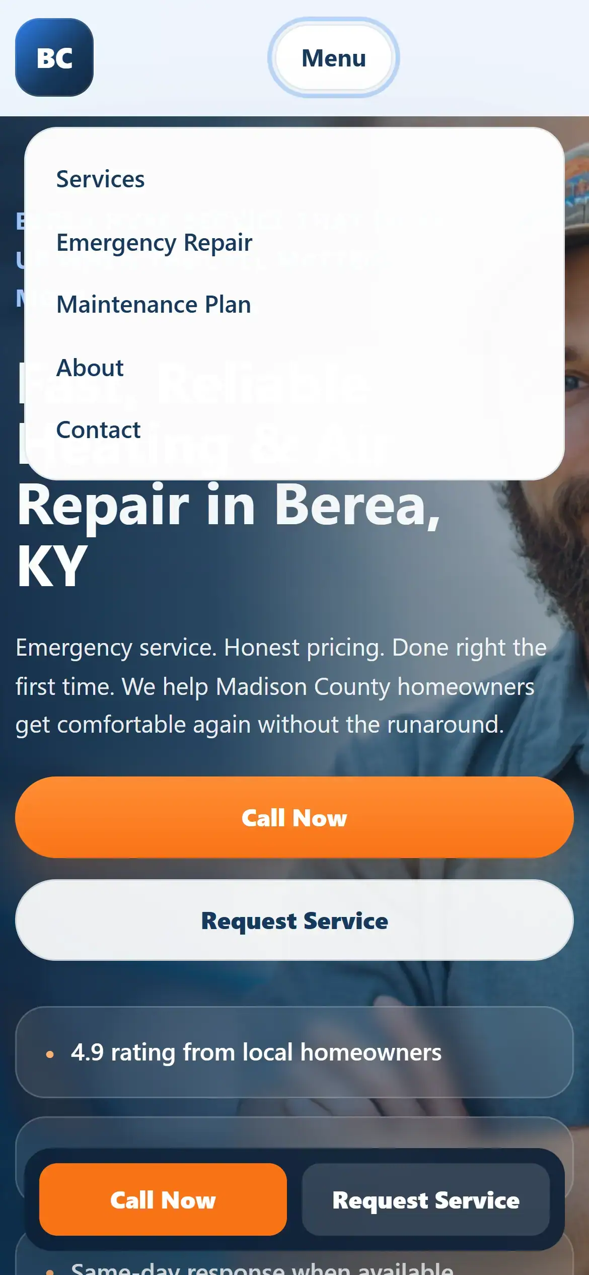 Mobile navigation menu for the HVAC demo site