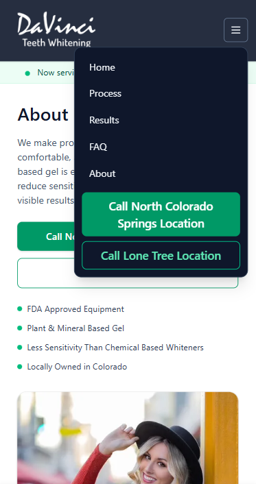 DaVinci Radiance mobile menu redesign with large call buttons for each location