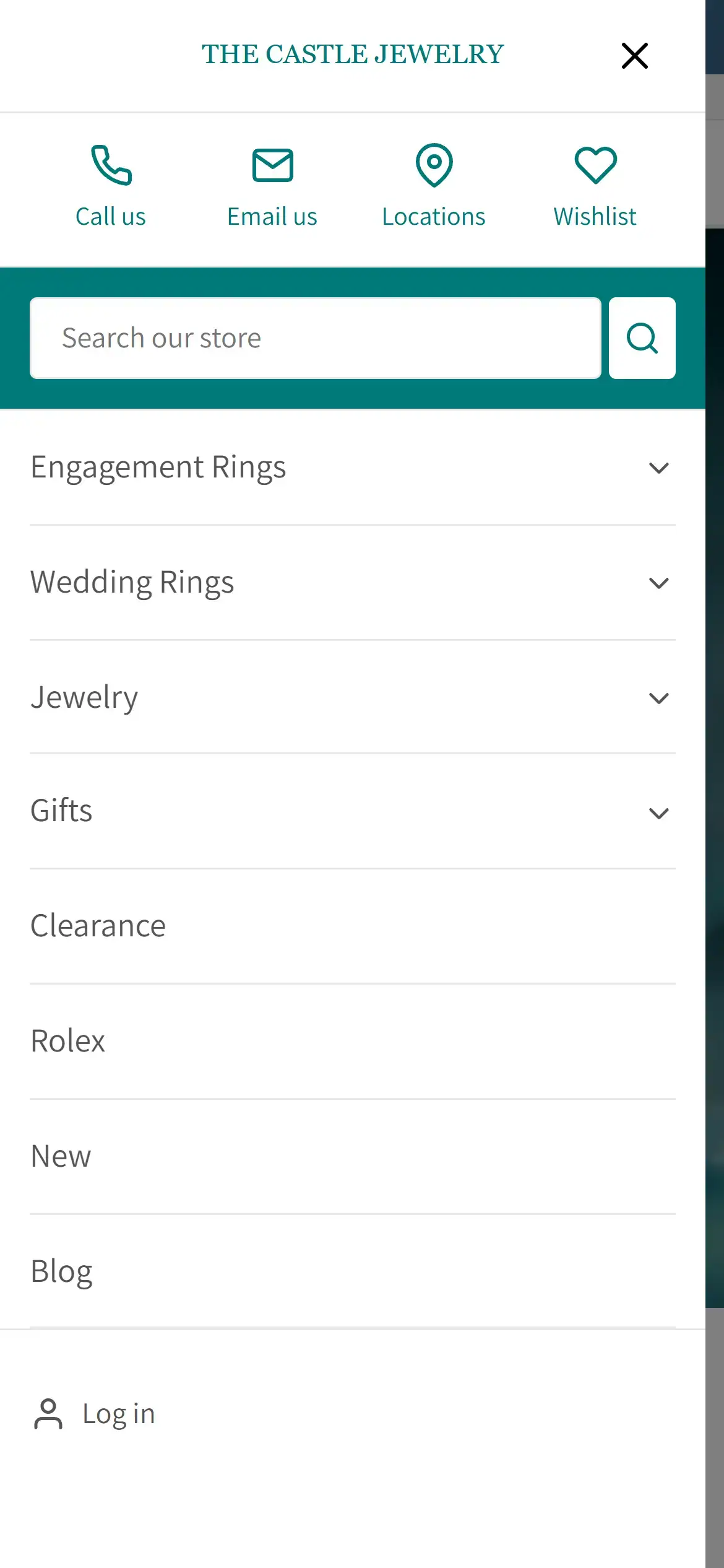 Mobile navigation menu showcasing clear categories and utilities