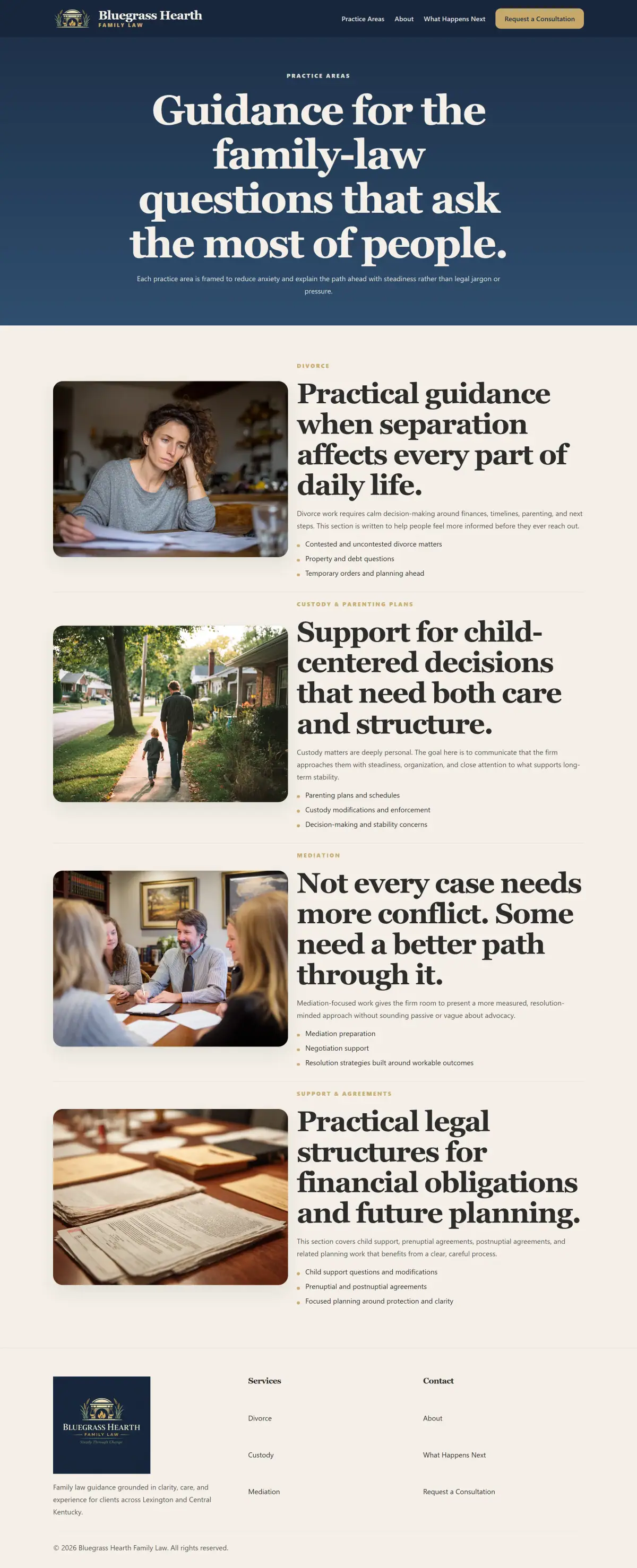 Practice areas page for divorce, custody, support, mediation, and related family law matters