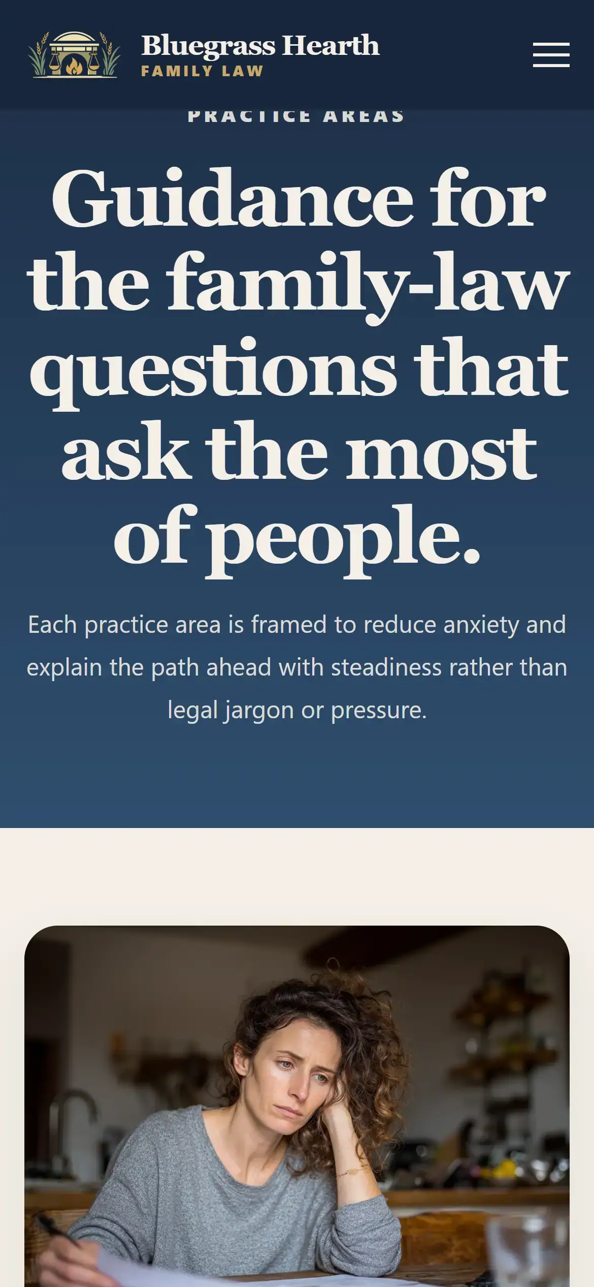 Practice areas page on mobile with service cards and readable legal guidance