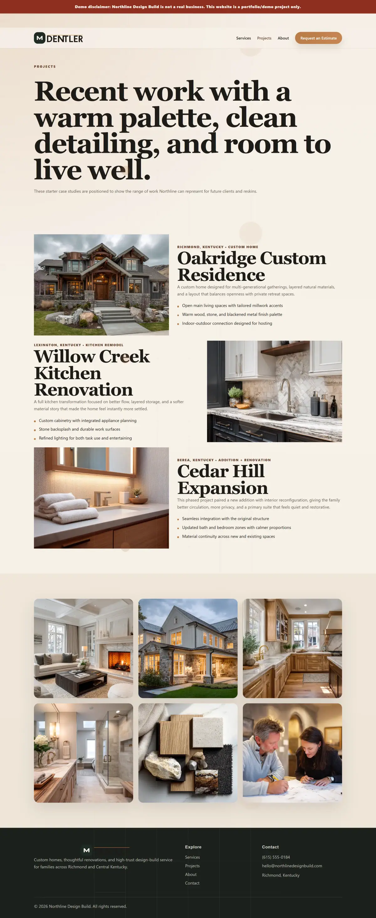 Projects page showing recent remodeling and custom home work in a polished grid