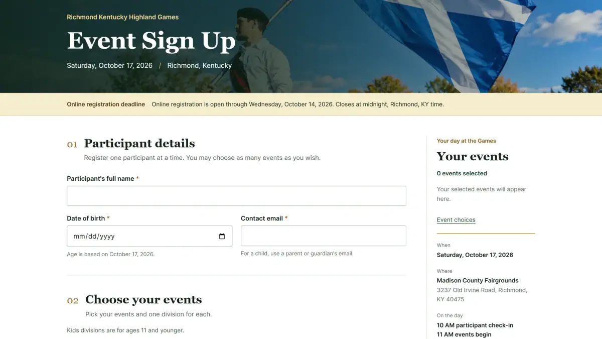 Current event sign-up page with participant details and event summary