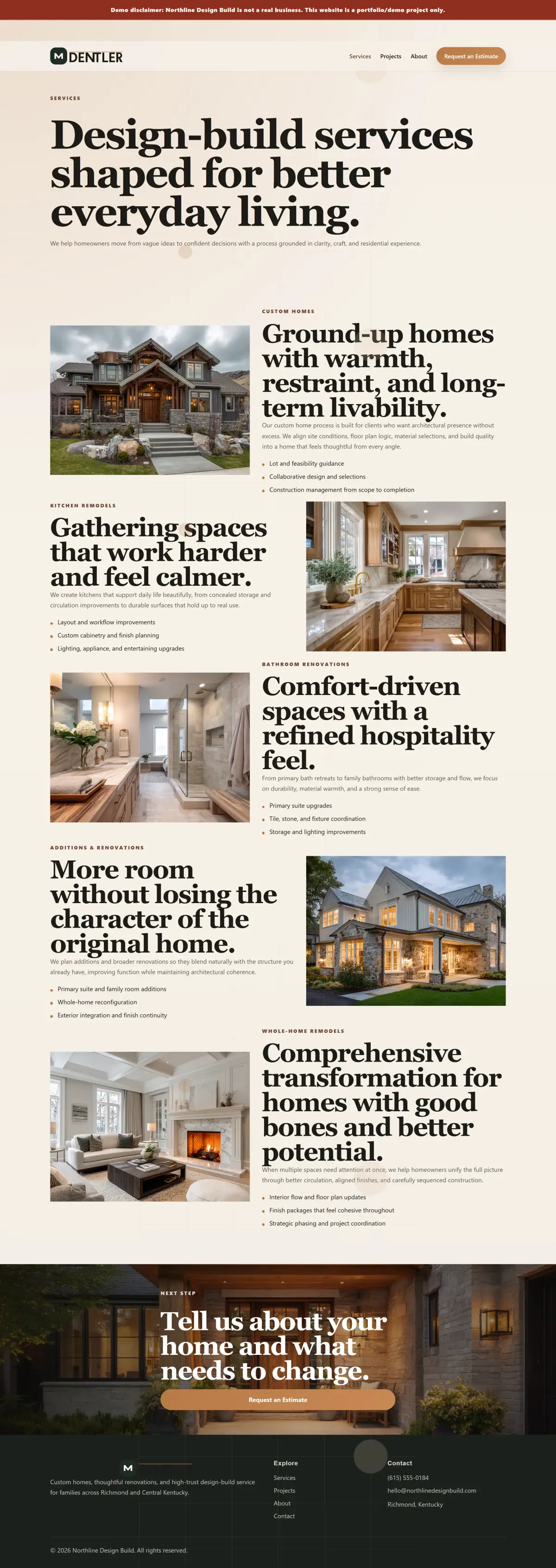 Services page for custom homes, remodels, additions, and whole-home renovations