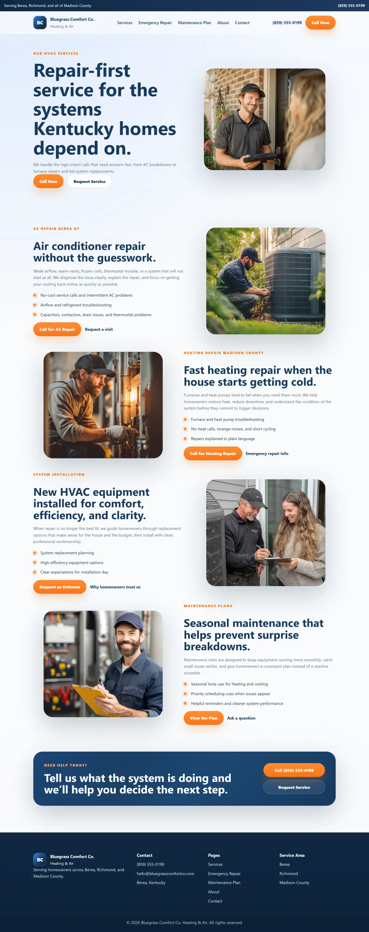 Services page for HVAC repair, replacement, and maintenance work