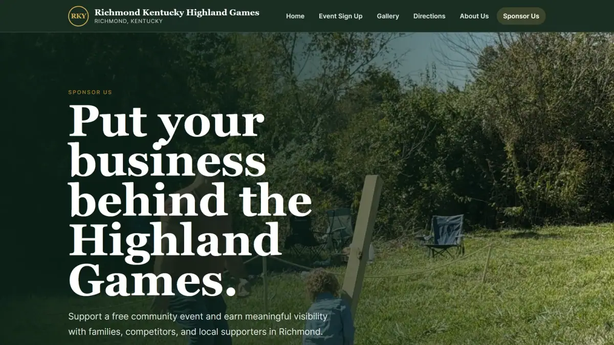 Current Sponsor Us page with a Highland Games photograph and sponsorship message