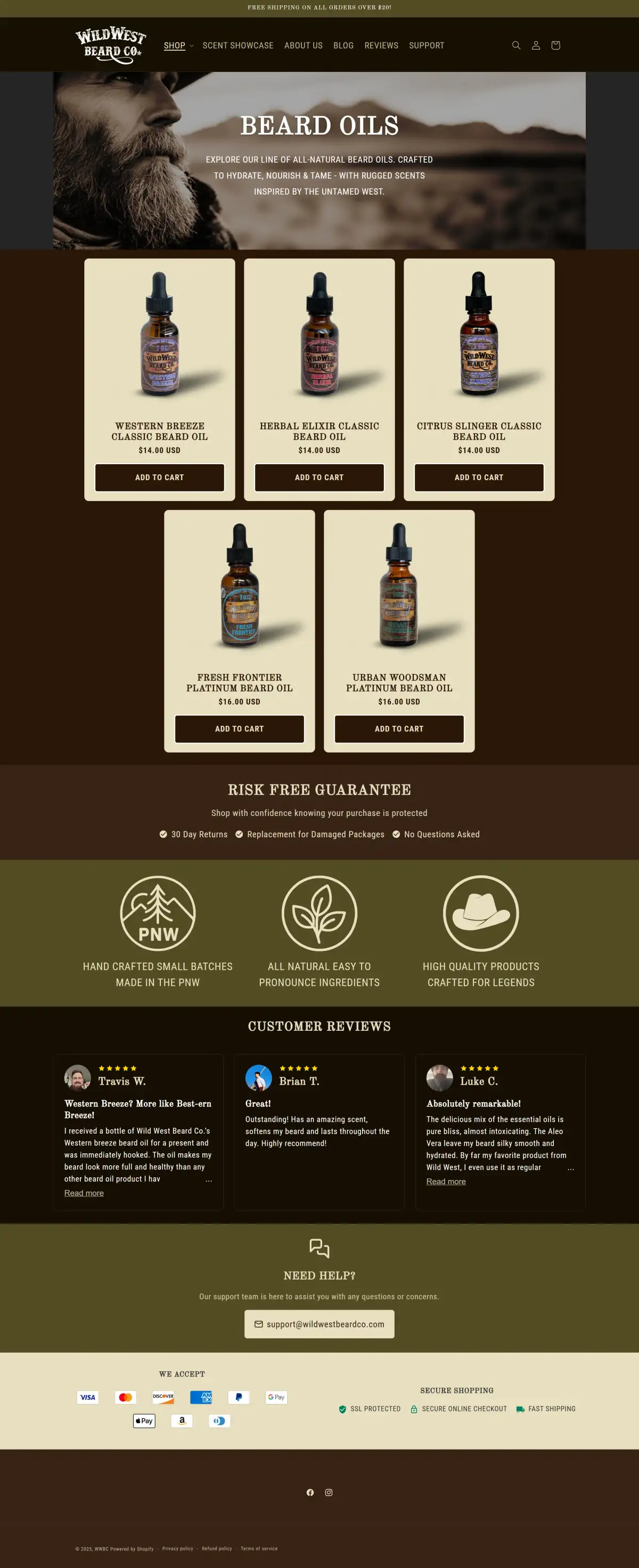 Beard oils collection displaying product grid and PNW-inspired branding