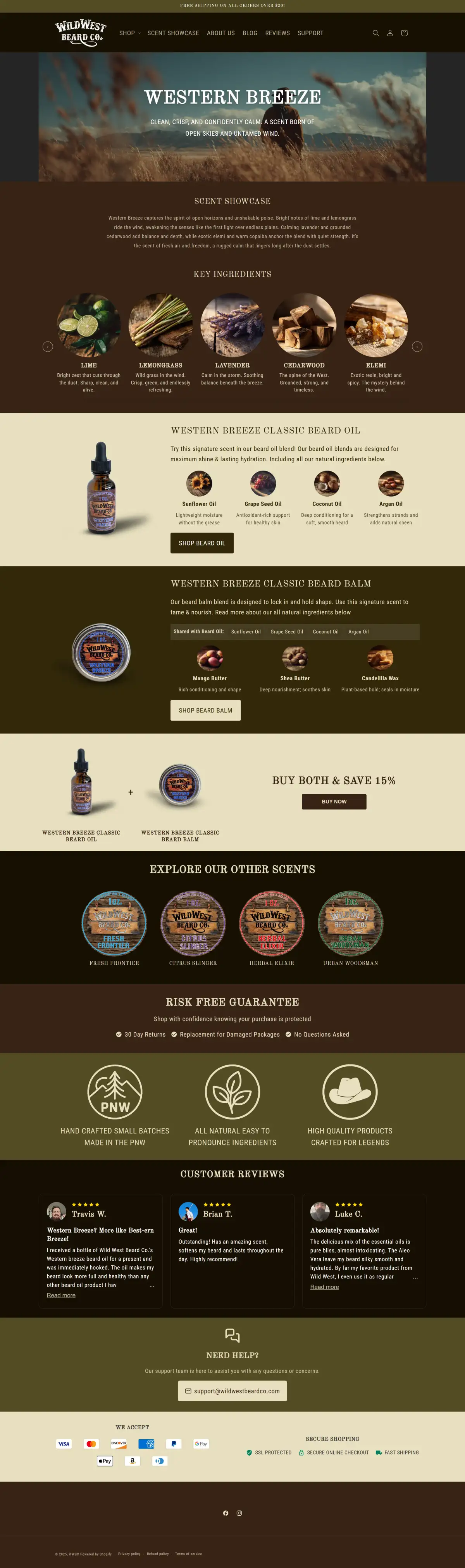 Western Breeze scent page featuring ingredient showcase and paired products