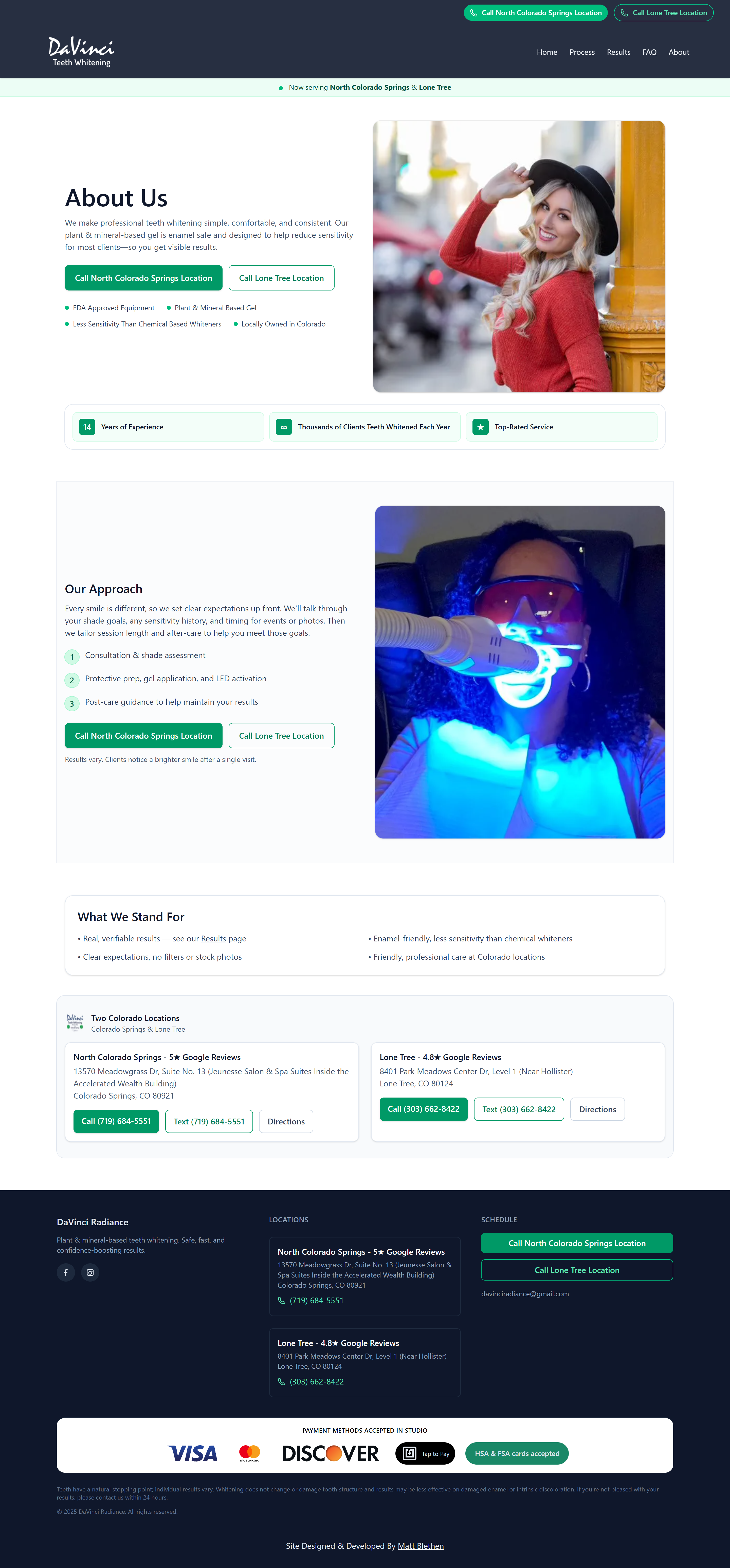 About page desktop layout highlighting benefits and location CTAs
