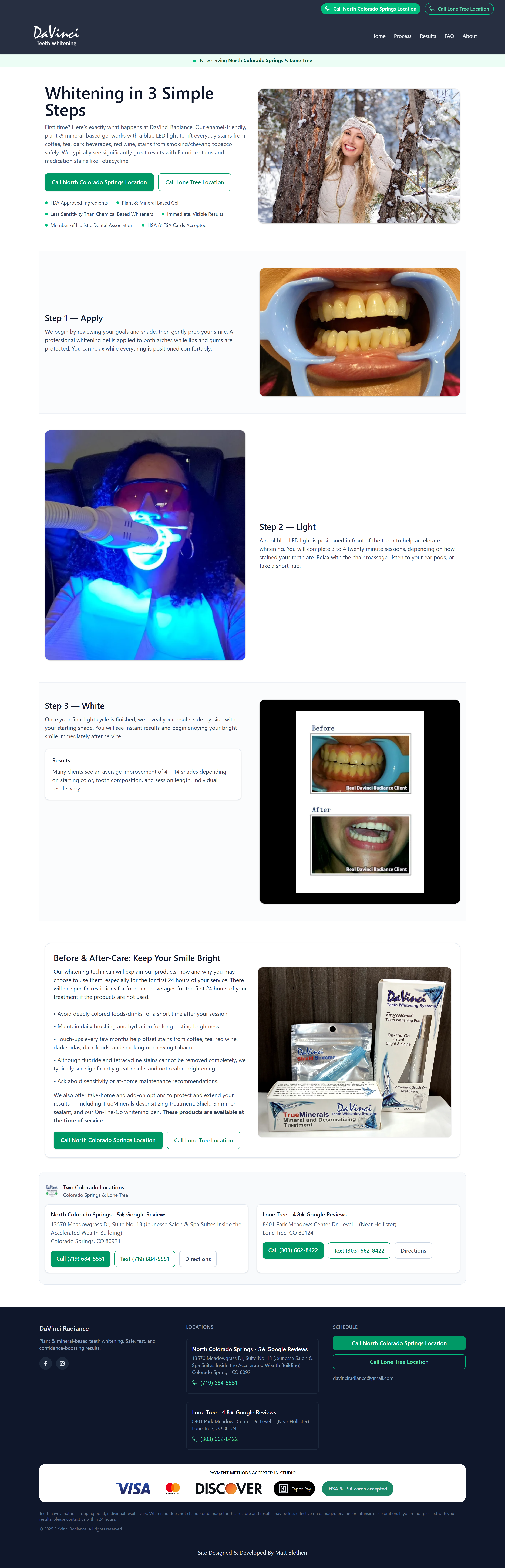 Process page explaining the 3 steps of professional whitening with visuals