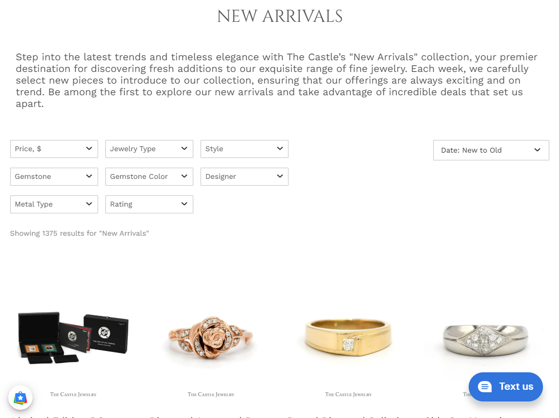 New Arrivals collection with filters and fast-loading product grid