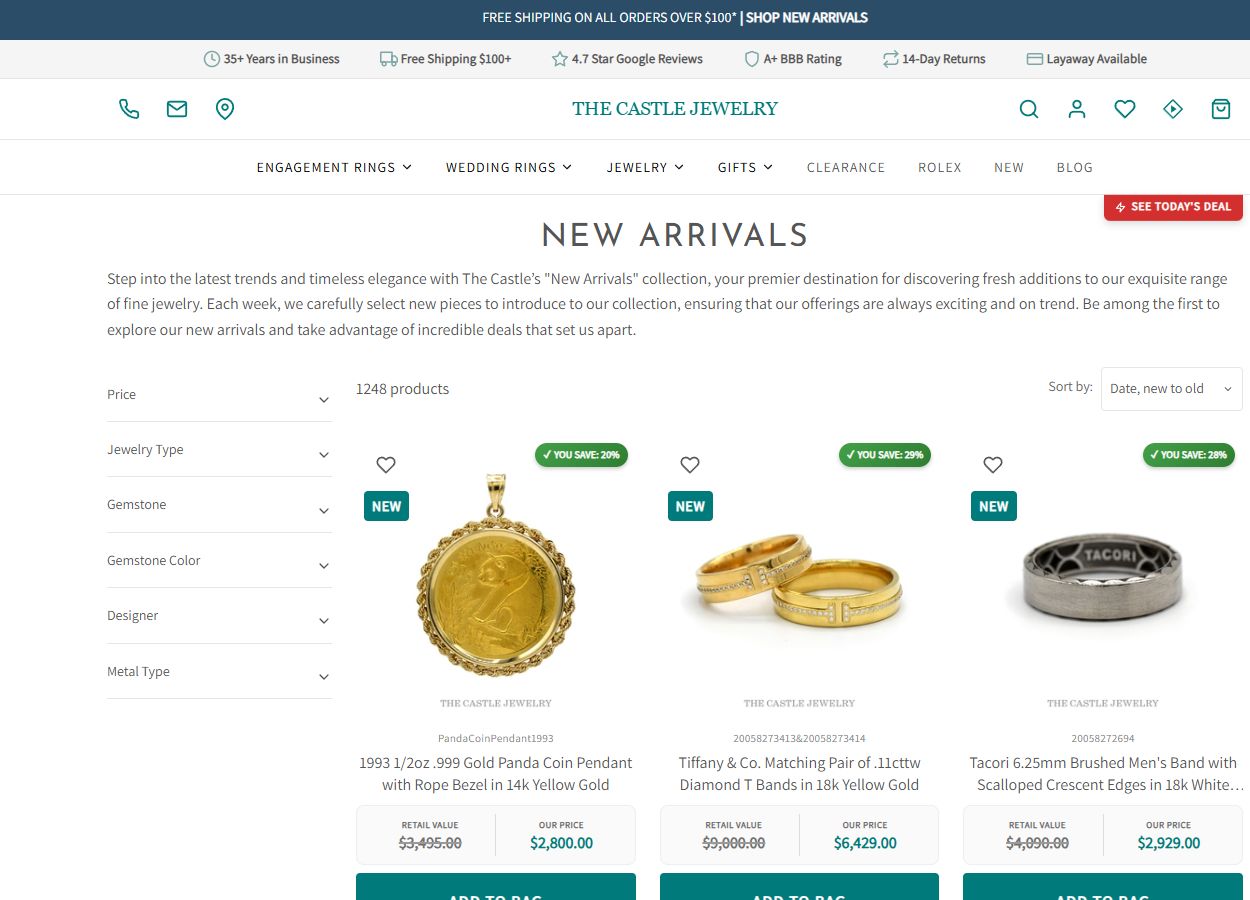 Current New Arrivals collection with filtering, sorting, product cards, and pricing
