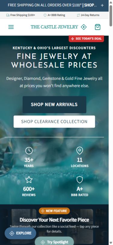 Current mobile homepage with jewelry hero and prominent collection calls to action
