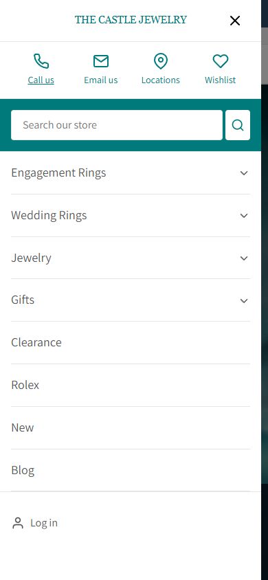 Current mobile navigation drawer with search, store contact links, and collection categories
