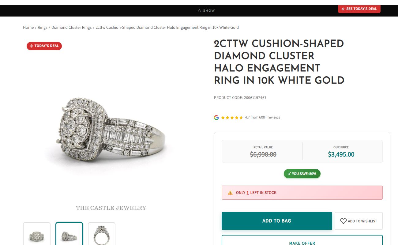 Current product page with ring photography, pricing, stock notice, and purchase actions